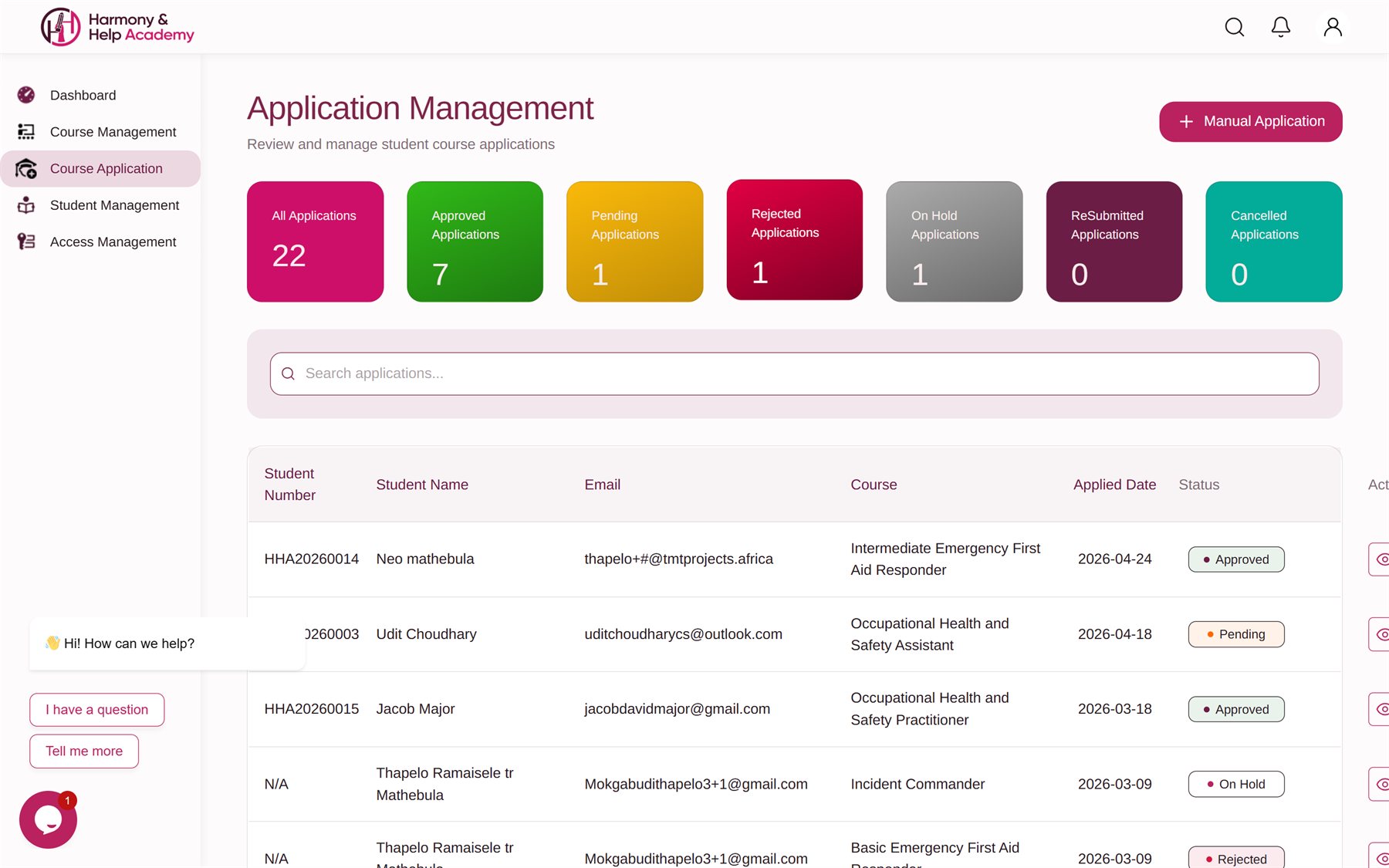 Harmony & Help Academy - application management